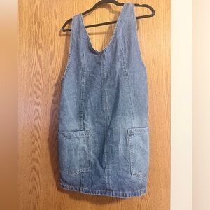 Denim Pinafore Dress with Front Pockets - Blue